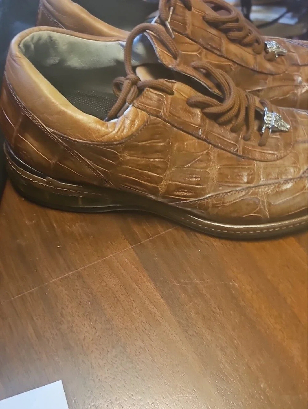 Mauri Swamp 8690 Men's Tan Baby Croc And Calfskin Leather Luxury Lace-Up Sneaker